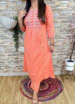 Pure Cotton Orange Casual Wear Embroidery Work Kurti With Pant